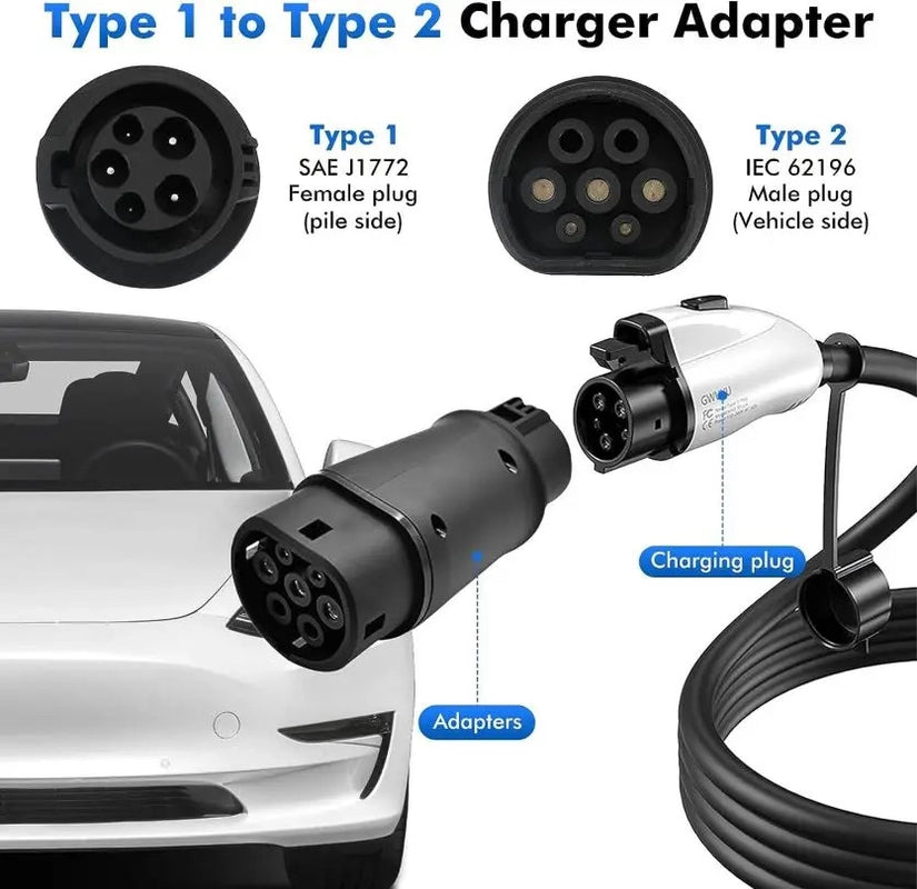 EVSE Adaptor 16A 32A Electric Vehicle Car EV Charger Connector Type 1 To Type 2 EV Adapter