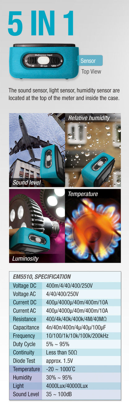 Маркировка ETL, 5 В 1 АВТОМАТИЧЕСКИЙ ЦИФРОВОЙ МУЛЬТИМЕТР Модель: EM5510